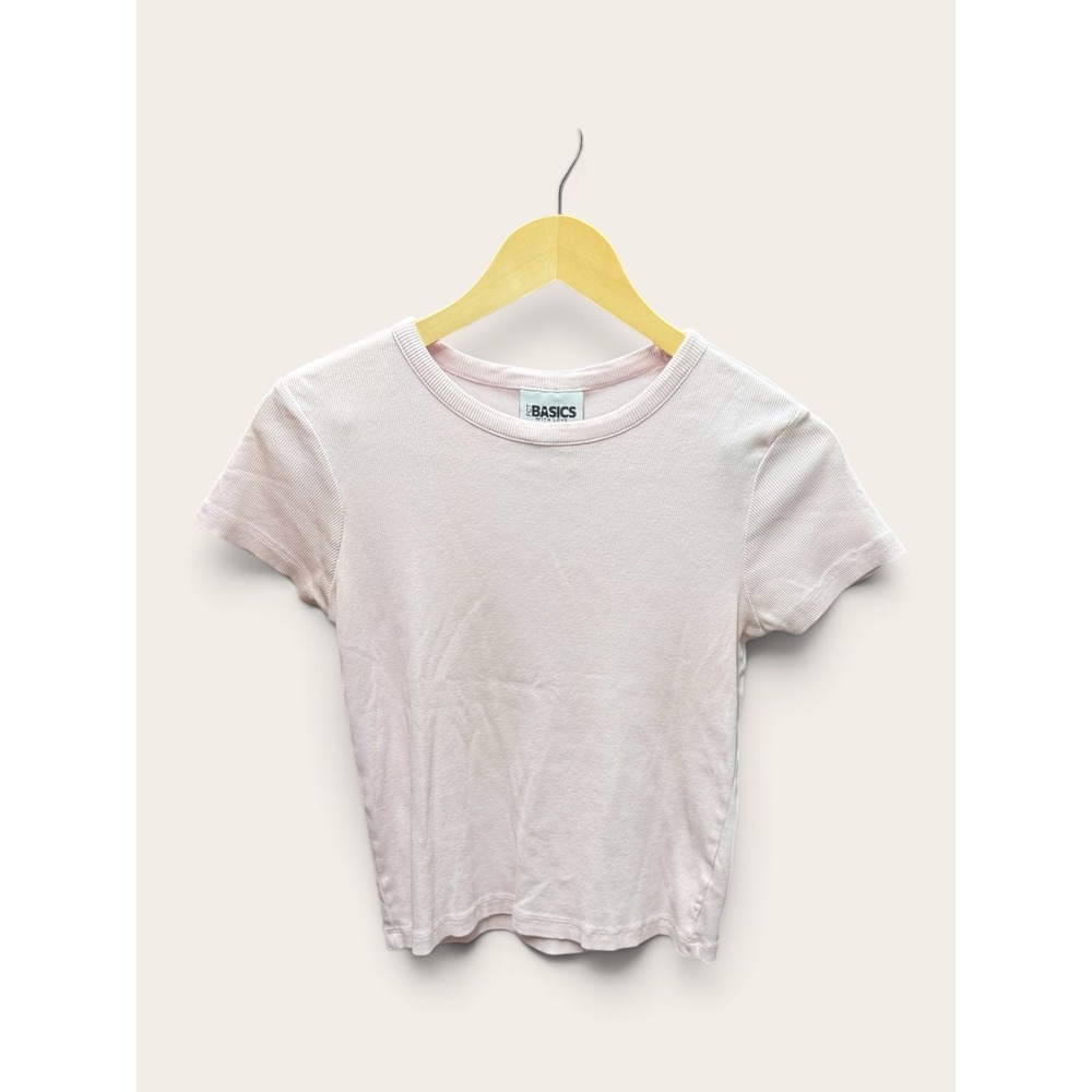 FCT Basics With Love Womens Ribbed Knit Baby Tee Light Pink Short Sleeve Large